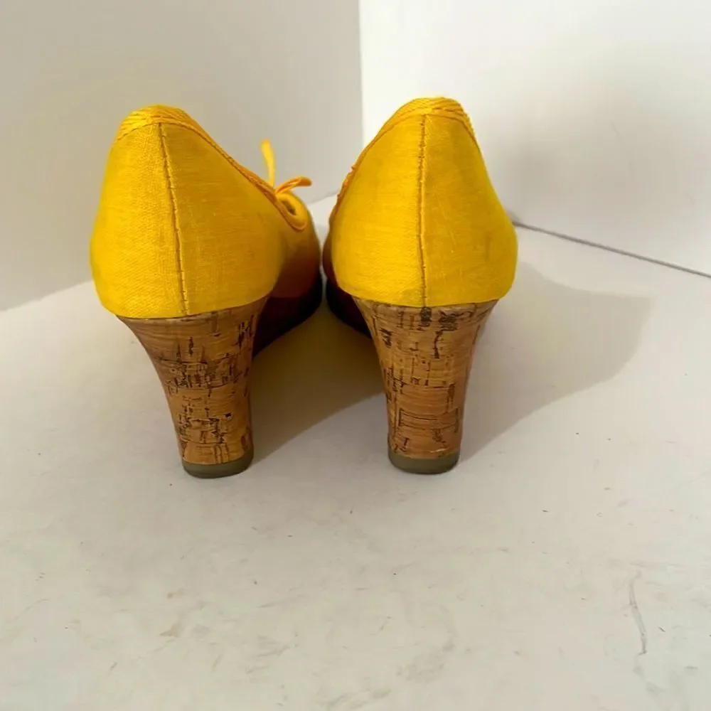 Dexflex Comfort Bright Yellow Peep Toe Cork Wedge Canvas Shoes With Bows Size 5